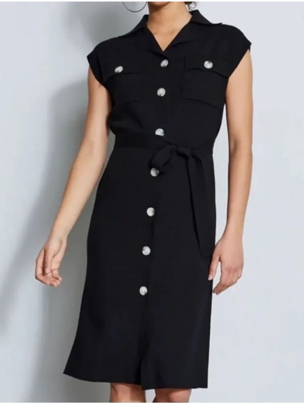 Elie Tahari Black Button-Front Knit Midi Shirt Dress ❤️❤️
